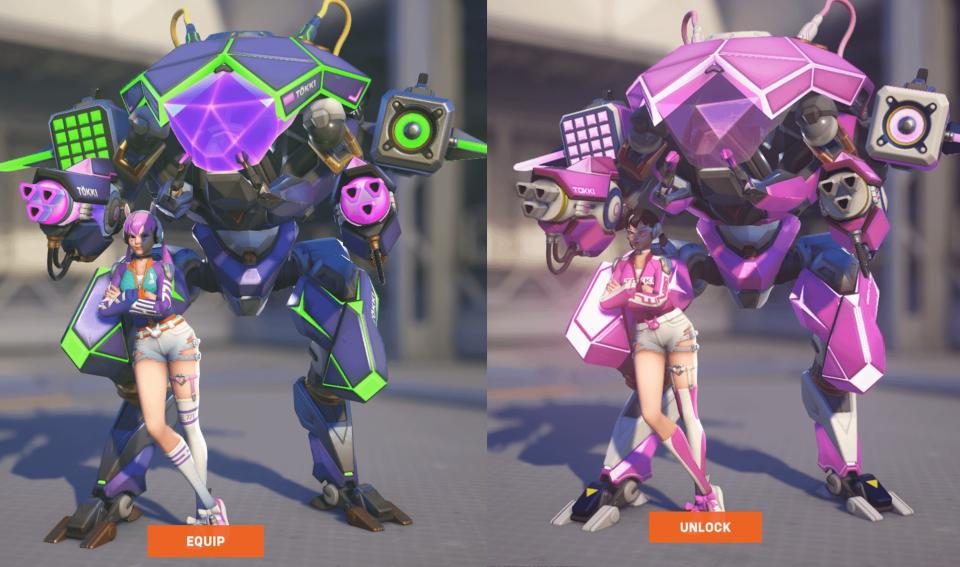 Izquierda: skin EDM de D.Va; Derecha: skin Gentle Tokki Fuchsia de D.Va