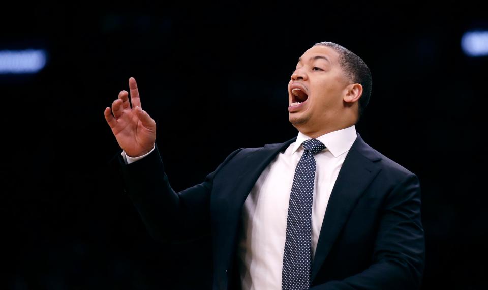 Former Cleveland Cavaliers head coach Ty Lue calls to his players during the second quarter of an NBA basketball game against the Boston Celtics in Boston, Tuesday, Oct. 2, 2018. (AP Photo/Charles Krupa)