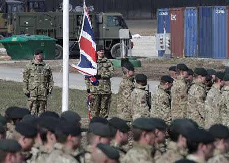 British soldiers during the official ceremony welcoming the deployment of a multi-national NATO battalion in Tapa, Estonia, April 20, 2017. REUTERS/Ints Kalnins