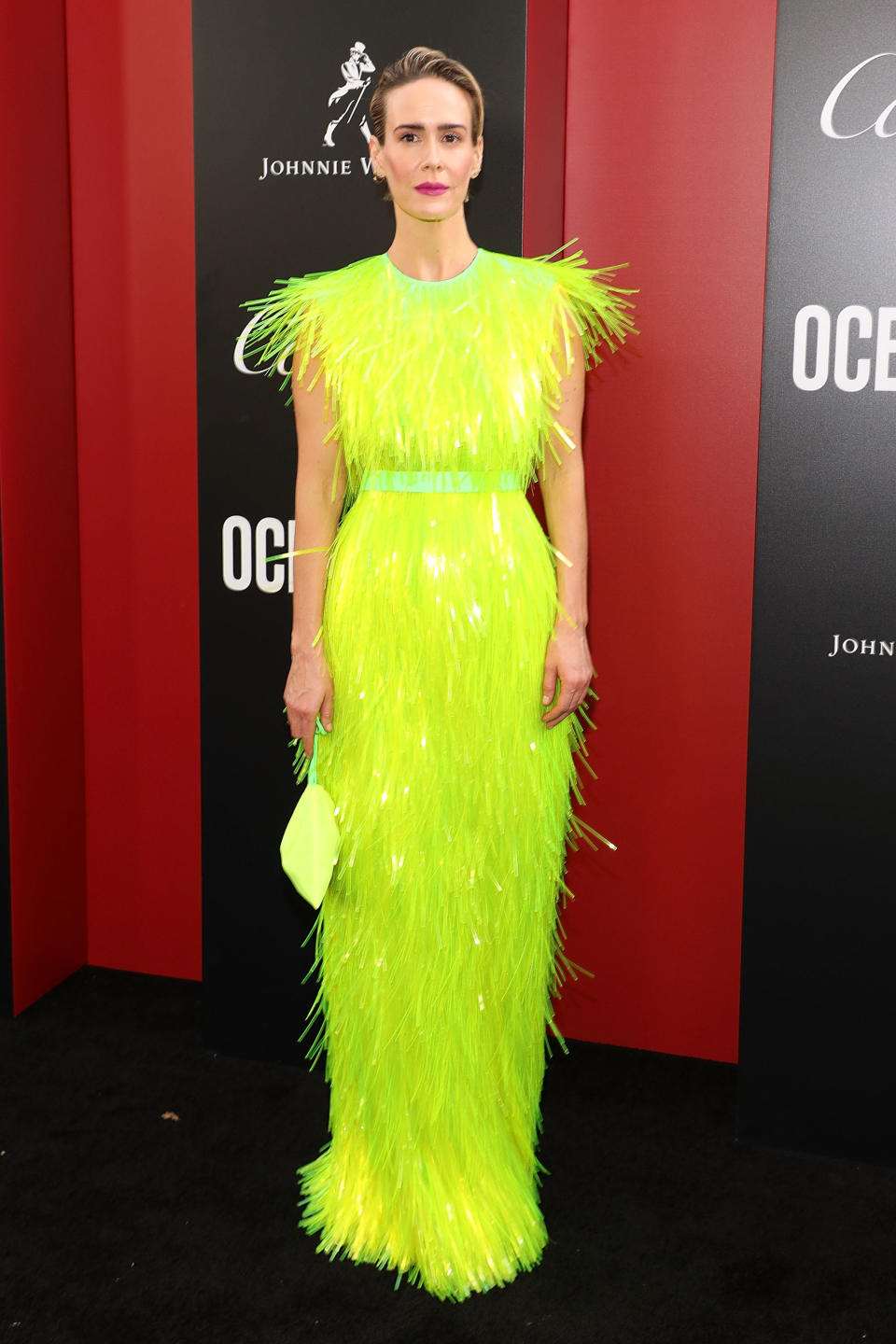 The actress wears a neon Prada gown at the "Oceans 8" premiere in New York City in June.&nbsp;