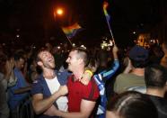 People celebrate after the New York Senate passed a bill legalizing gay marriage in New York June 24, 2011. New York's state legislature gave final approval to same-sex marriages, a key victory for gay rights ahead of the 2012 presidential and congressional elections.