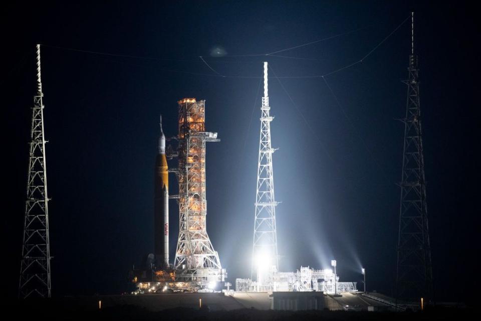 CAPE CANAVERAL, FL - AUGUST 17: In this handout image provided by NASA, NASA's Space Launch System (SLS) rocket with the Orion spacecraft aboard is seen atop a mobile launcher as it rolls out of the Vehicle Assembly Building to Launch Complex 39B at Kennedy Space Center on August 17, 2022 in Cape Canaveral, Florida. NASA's Artemis I mission is the first integrated test of the agency's deep space exploration systems, which includes the Orion spacecraft, SLS rocket, and supporting ground systems. Launch of the uncrewed flight test is targeted for no earlier than August 29. (Photo by Joel Kowsky/NASA via Getty Images)