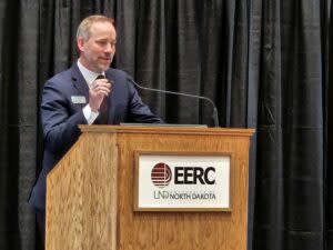  Charles Gorecki, CEO of the Energy and Environmental Resource Center, speaks March 1, 2024, in Grand Forks, to the North Dakota Petroleum Council. (Jeff Beach/North Dakota Monitor)