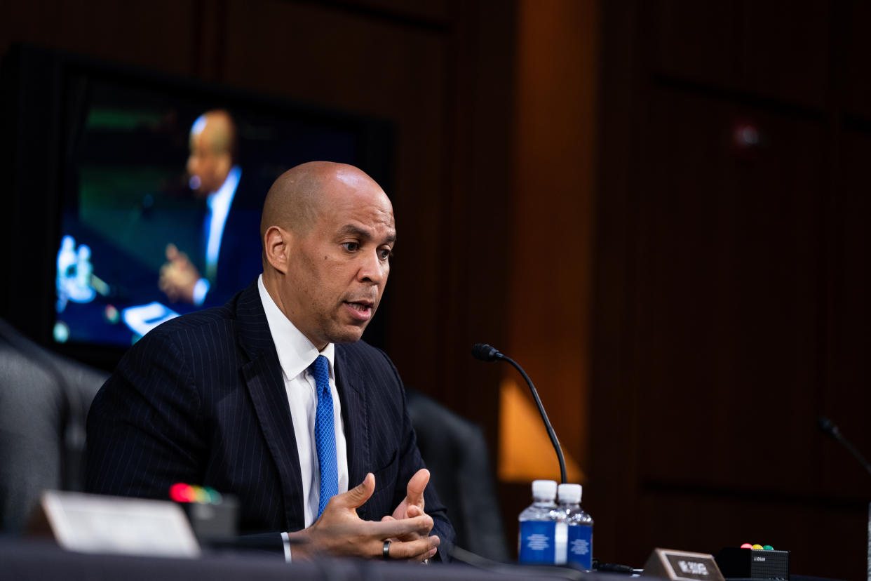 WASHINGTON, DC - OCTOBER 15: Senator Cory Booker (D-NJ) speaks during the fourth day of Senate Judiciary Committee on the confirmation hearing for Supreme Court nominee Amy Coney Barrett, on Capitol Hill October 15, 2020 in Washington, DC. With less than a month until the presidential election, President Donald Trump tapped Amy Coney Barrett to be his third Supreme Court nominee in just four years. If confirmed, Barrett would replace the late Associate Justice Ruth Bader Ginsburg. (Photo by Anna Moneymaker-Pool/Getty Images)