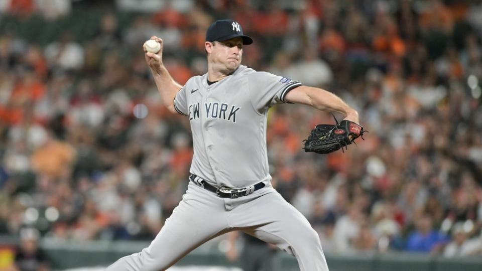 Jul 28, 2023; Baltimore, Maryland, USA; New York Yankees starting pitcher Gerrit Cole (45) throws a first inning pitch against the Baltimore Orioles at Oriole Park at Camden Yards. Mandatory Credit: Tommy Gilligan-USA TODAY Sports