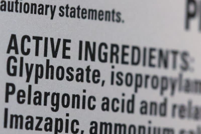 Roundup's list of ingredients, including Glyphosate, is seen on a bottle set for sale in a store in Manhattan, New York City