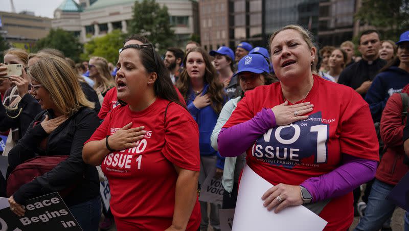 People gather and say the Pledge of Allegiance during the Ohio March for Life rally at the Ohio State House in Columbus, Ohio, on Oct. 6, 2023. It is Election Day for most of the U.S.