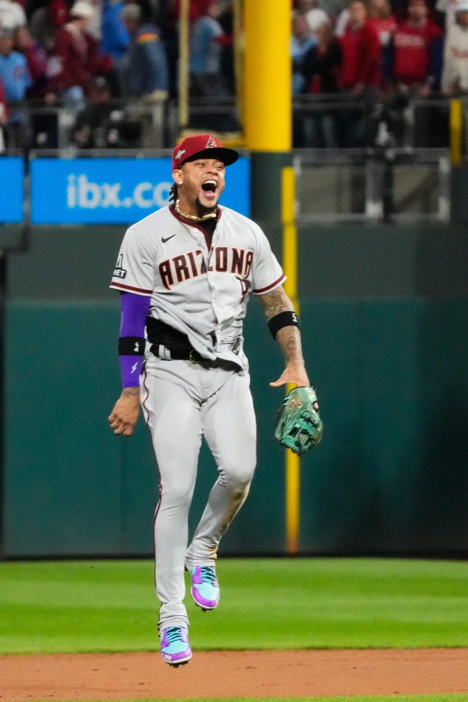 Arizona Diamondbacks second baseman Ketel Marte (4) reacts after defeating the Philadelphia Phillies in game seven of the NLCS at Citizens Bank Park in Philadelphia on Oct. 24, 2023.