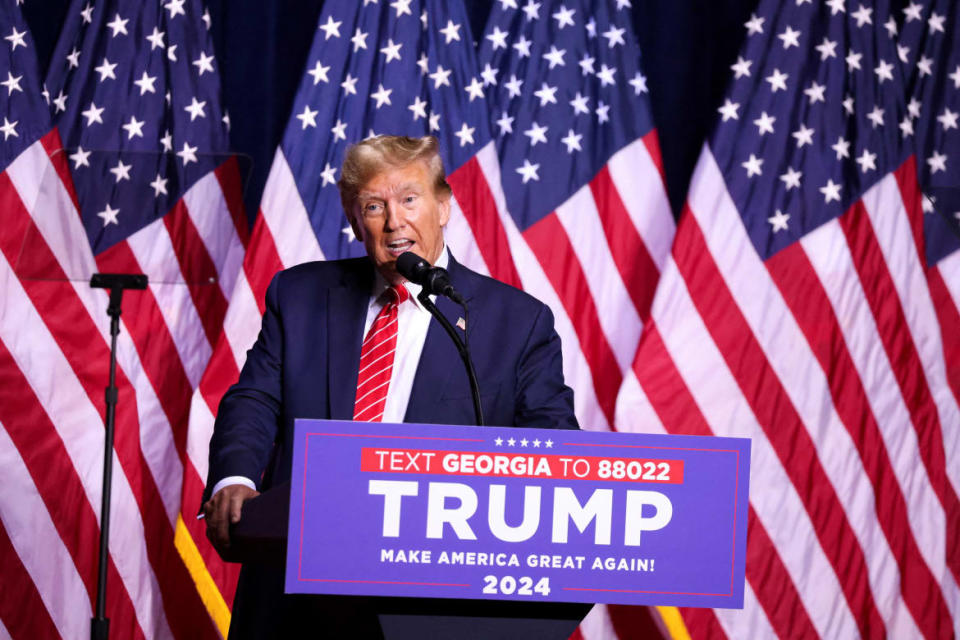 Republican presidential candidate and former U.S. President Donald Trump speaks during a campaign rally at the Forum River Center in Rome, Georgia, U.S. March 9, 2024.