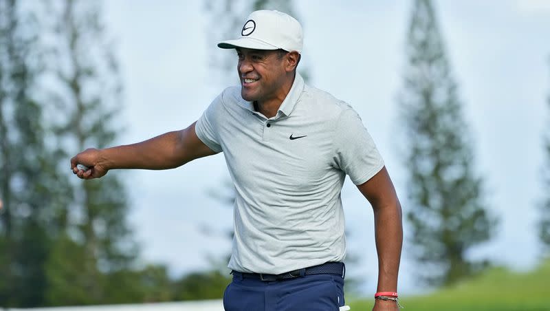 Tony Finau smiles on the ninth green during the pro-am round of The Sentry golf event on Wednesday, Jan. 3, 2024, at Kapalua Plantation Course in Kapalua, Hawaii.