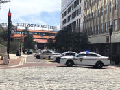 <p>Police at the scene of a shooting in Jacksonville Landing, Jacksonville, Fla., on Aug. 26, 2018. (Photo: Brittney Donovan/Action News Jax) </p>
