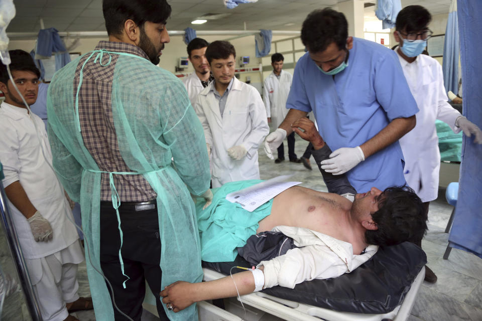 A wounded man receives treatment in a hospital after a car bomb explosion in Kabul, Afghanistan, Thursday, Sept. 5, 2019. A car bomb rocked the Afghan capital on Thursday and smoke rose from a part of eastern Kabul near a neighborhood housing the U.S. Embassy, the NATO Resolute Support mission and other diplomatic missions. (AP Photo/Rahmat Gul)