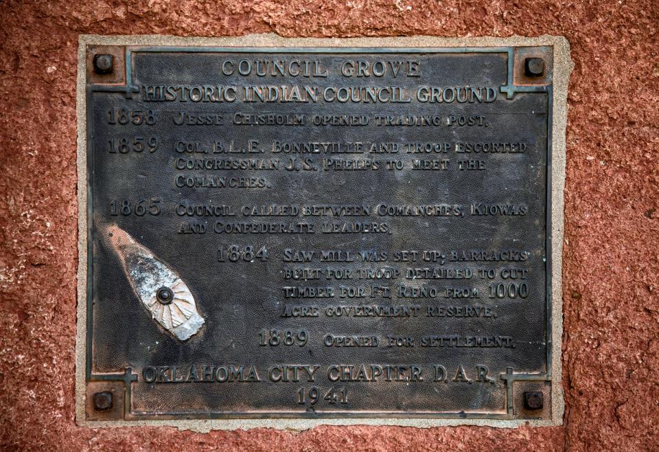 Closeup of a marker for "Council Grove Historic Indian Council Ground," erected in 1941 by the Daughters of the American Revolution at NW 10 and N Eagle Lane, near Council Road, in west Oklahoma City.