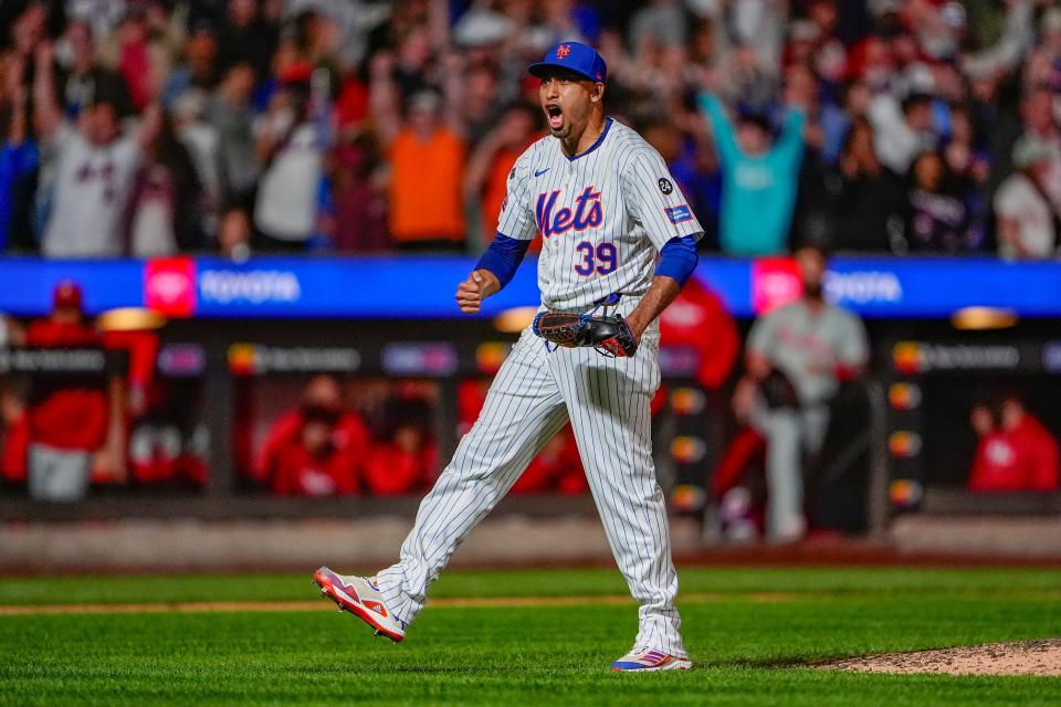 New York Mets pitcher Edwin Diaz (39) reacts to getting the final out of the game against the Philadelphia Phillies on Sept. 22, 2024, at Citi Field.