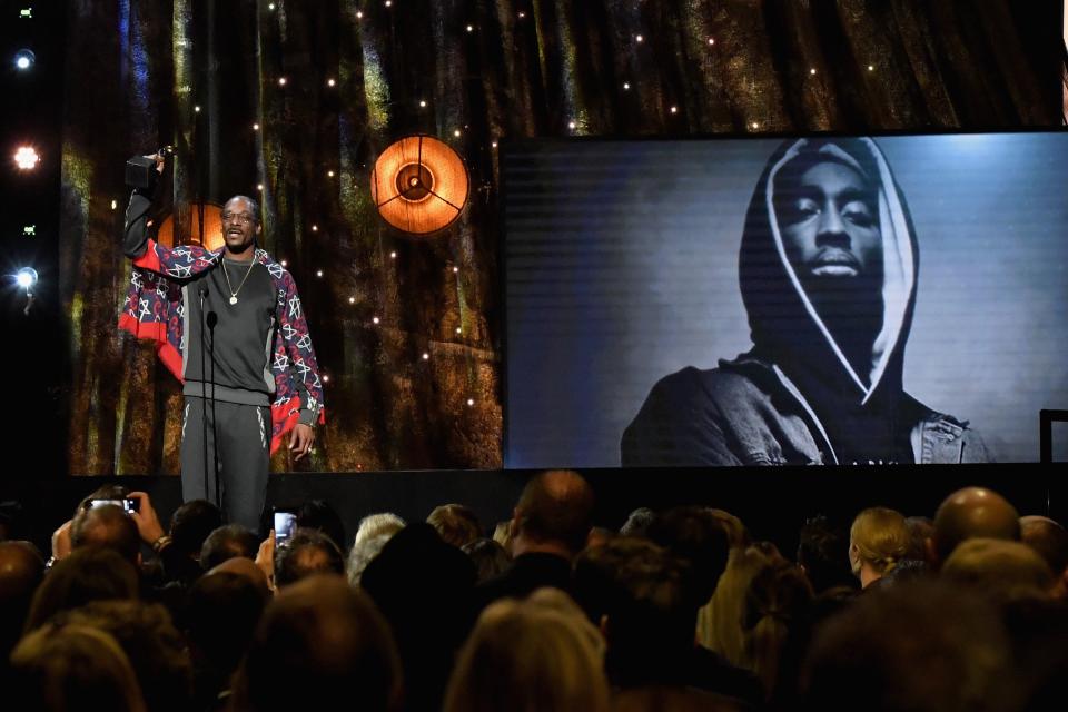 Presenter Snoop Dogg speaks about 2017 Inductee Tupac Shakur onstage at the 32nd Annual Rock & Roll Hall Of Fame Induction Ceremony at Barclays Center on April 7, 2017 in New York City. (Getty Images)