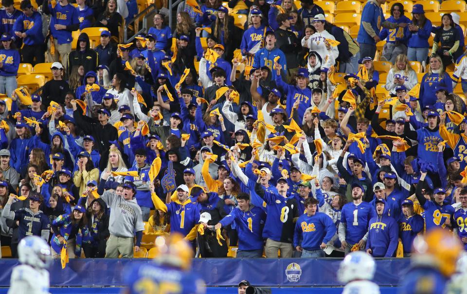 The Pittsburgh Panthers student section reacts after a turnover during the second half against the North Carolina Tar Heels at Acrisure Stadium in Pittsburgh, PA on September 23, 2023.