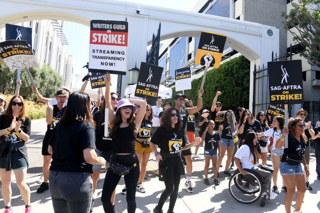 Members of the WGA and SAG-AFTRA striking on Friday in front of Sony Pictures Studios in Culver City, Calif., where 