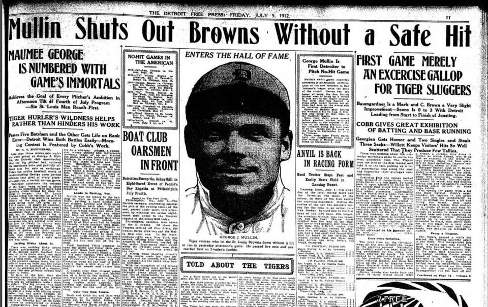 The sports page on July 4, 1912, the day that George Mullin threw the first no-hitter in Tigers franchise history.