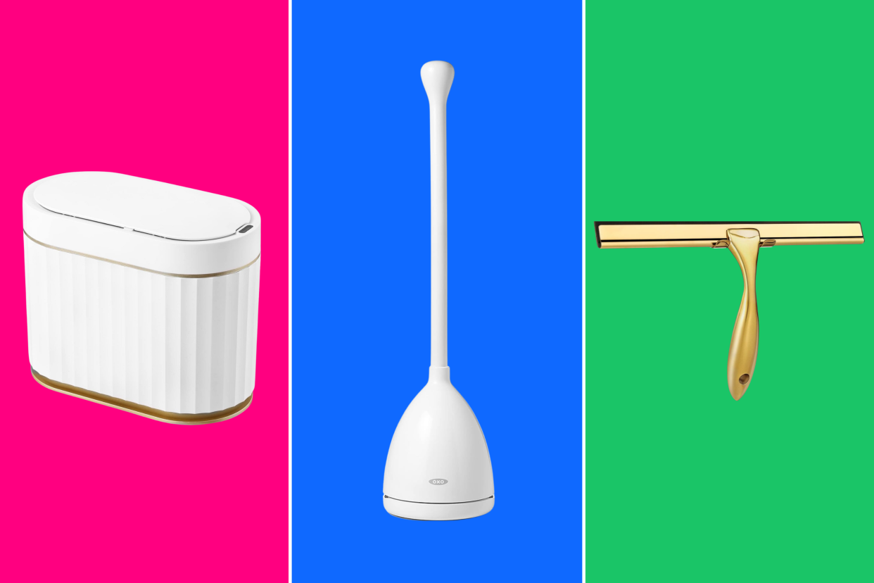 white and gold mini garbage can, Oxo toilet plunger, gold squeegee