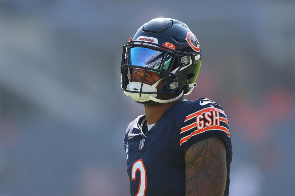 CHICAGO, ILLINOIS - OCTOBER 01: DJ Moore #2 of the Chicago Bears warms up prior to the game against the Denver Broncos at Soldier Field on October 01, 2023 in Chicago, Illinois. (Photo by Michael Reaves/Getty Images)