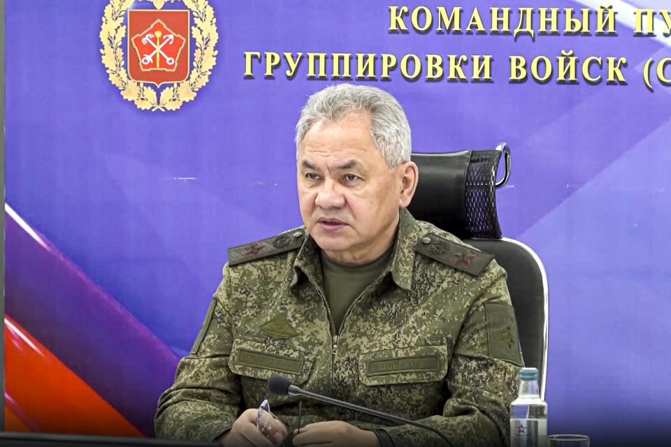 In this photo taken from video and released on Monday, June 26, 2023 by the Russian Defense Ministry Press Service, Russian Defense Minister Sergei Shoigu speaks to officers as he inspects a command post of one of the formations of the Zapad (West) group of Russian troops at an undisclosed location of Ukraine. Shoigu made his first public appearance Monday since a mercenary uprising demanded his ouster, inspecting troops in Ukraine. (Russian Defense Ministry Press Service via AP)