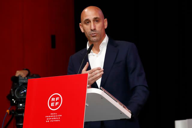 <p>Europa Press via AP</p> The president of the Royal Spanish Football Federation (RFEF), Luis Rubiales, gives a press conference at the Extraordinary General Assembly