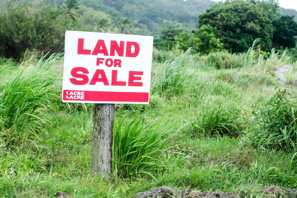 'Land For Sale' sign on grassy lot with forest in background