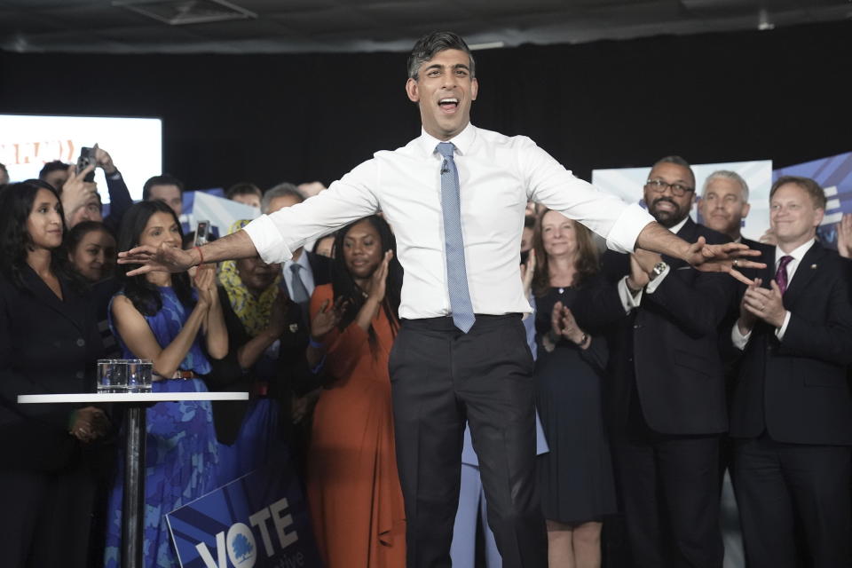 Britain's Prime Minister Rishi Sunak gestures during a General Election campaign event at ExCeL London, in east London, Wednesday May 22, 2024, after setting the date of July 4 for a national election in the UK. (Stefan Rousseau/PA via AP)