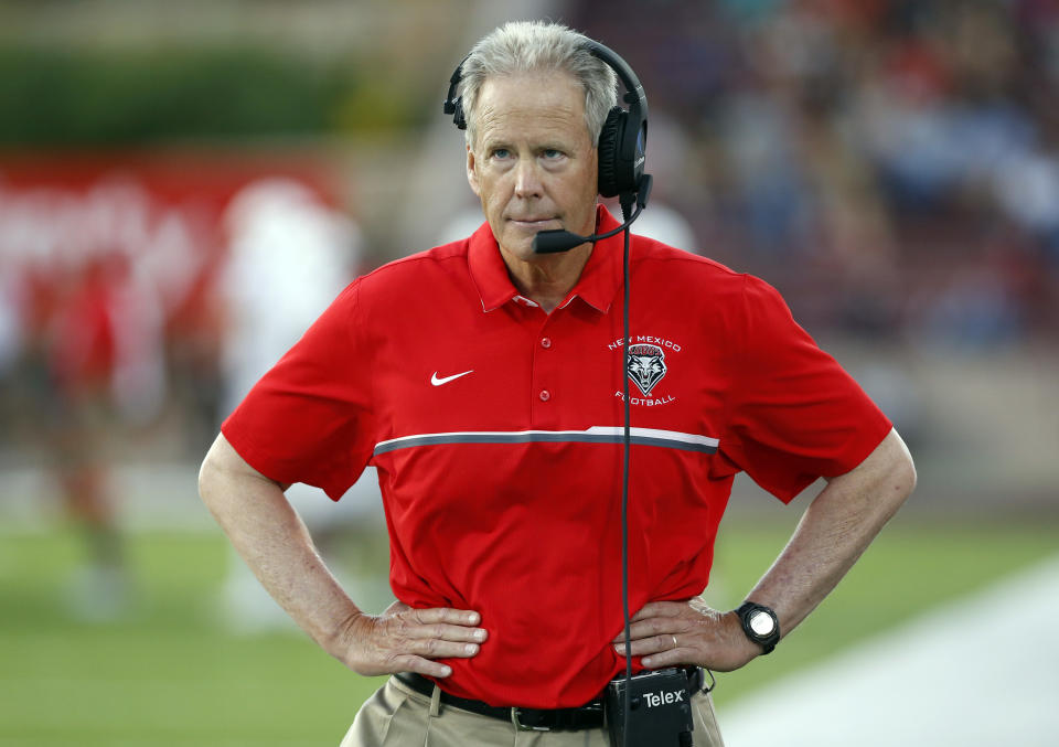 The University of New Mexico suspended Bob Davie on Thursday, Feb. 8, 2018, for 30 days without pay, following multiple investigations that examined whether he and coaching staff interfered with criminal investigations or misconduct cases involving players. (AP Photo/Andres Leighton, File)