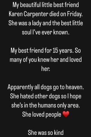 <p>Christina Ricci/Instagram</p> Christina Ricci reveals her dog Karen Carpenter has died.