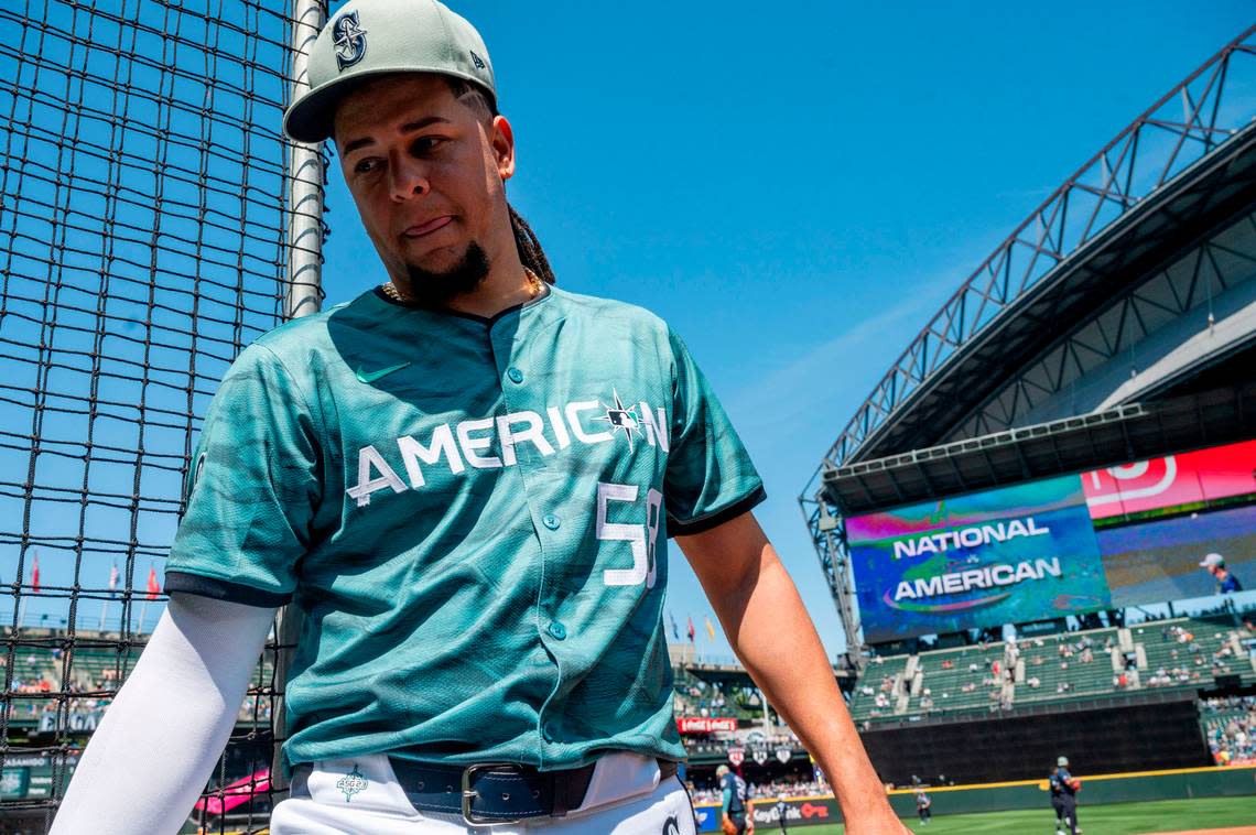 Seattle Mariners starting pitcher Luis Castillo walks off the field after warm ups prior to the start of the 2023 MLB All-Star Game on Tuesday, July 11, 2023, at T-Mobile Park in Seattle. Pete Caster/Pete Caster / The News Tribune