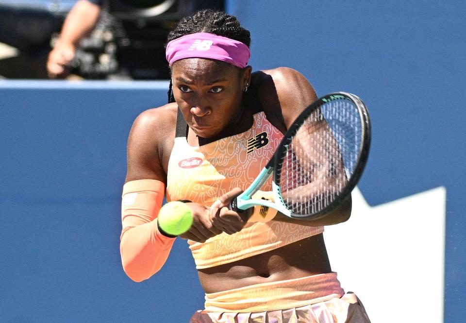 Coco Gauff gets ready to return a shot during her loss to Simona Halep during the National Bank Open in Toronto on August 12.