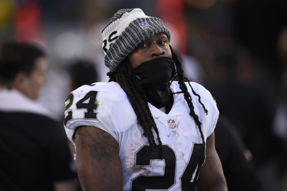 Oakland Raiders running back Marshawn Lynch went to a senior living center to share some Skittles. (AP)