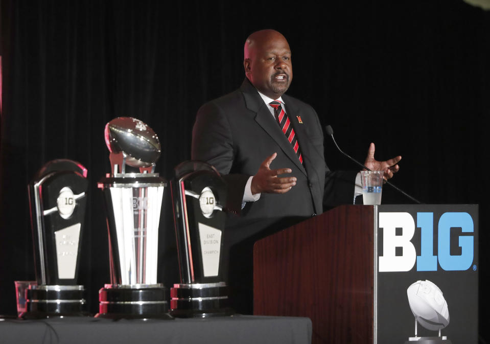 Maryland head coach Mark Locksley responds to a question during the Big Ten Conference NCAA college football media days Thursday, July 18, 2019, in Chicago. (AP Photo/Charles Rex Arbogast)