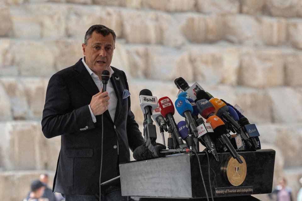 Ahmed Issa, Egypt’s minister of tourism and antiquities, at Thursday’s press conference announcing the discovery of a hidden corridor inside the Great  Pyramid of Giza (AFP via Getty Images)