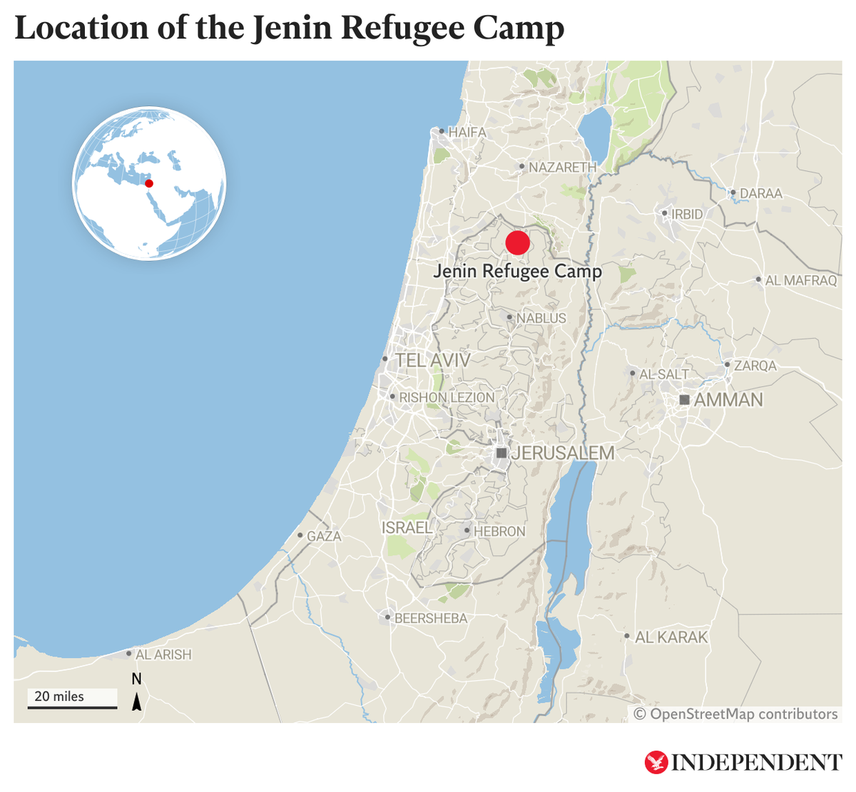 A map to show the location of the Jenin refugee camp (The Independent/Datawrapper)