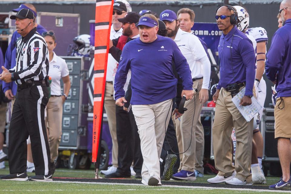 TCU coach Gary Patterson yells towards his players during the fourth quarter of their game against Oklahoma State at Boone Pickens Stadium in 2019.