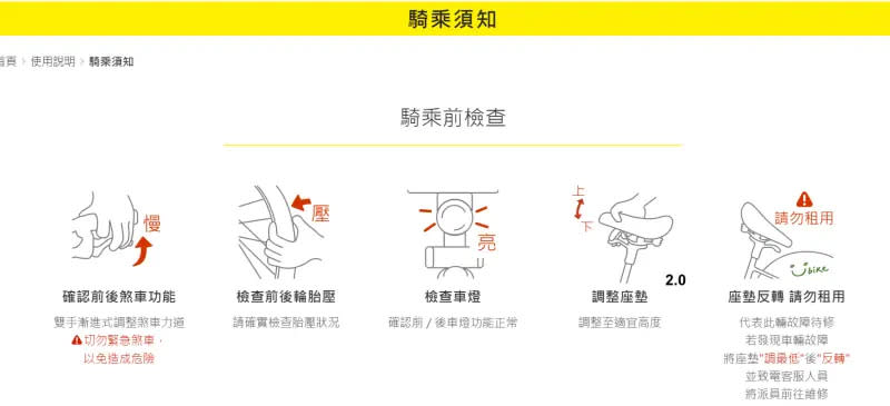 ▲YouBike官網上的「騎乘須知」說明中，也提到若是車輛座墊反轉就「請勿租用」，因為代表此輛故障待修。（圖／取自YouBike官網）