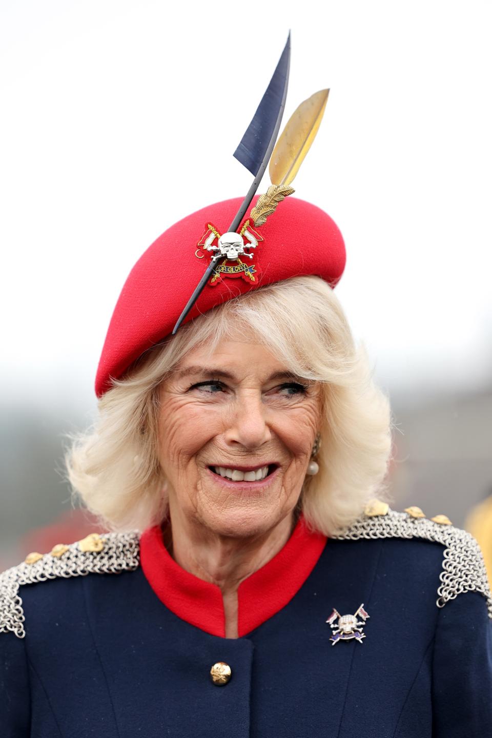 Queen Camilla during a visit to The Royal Lancers on April 22 in Catterick, England.