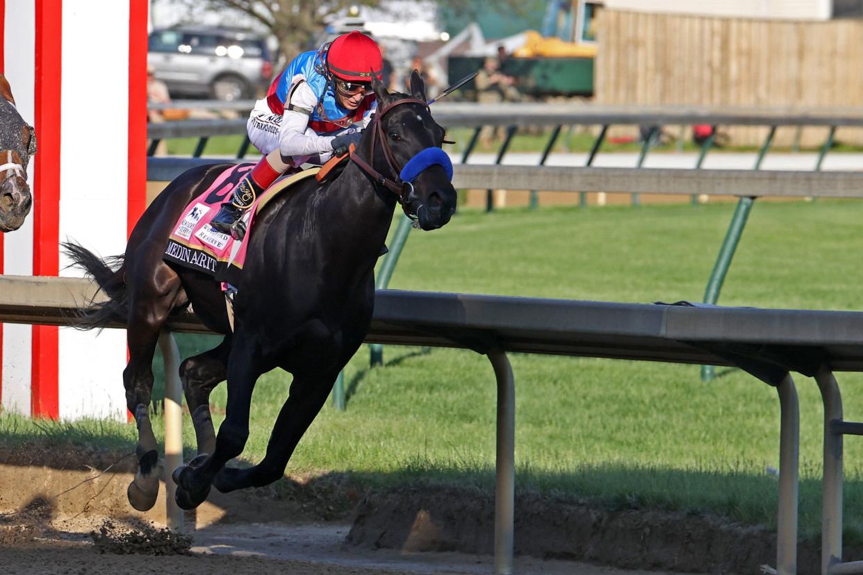 Medina Spirit, ridden by John Velasquez, is seen during the 147th Kentucky Derby on May 1, at Churchill Downs in Louisville, Kentucky. (Photo: Icon Sportswire via Getty Images)