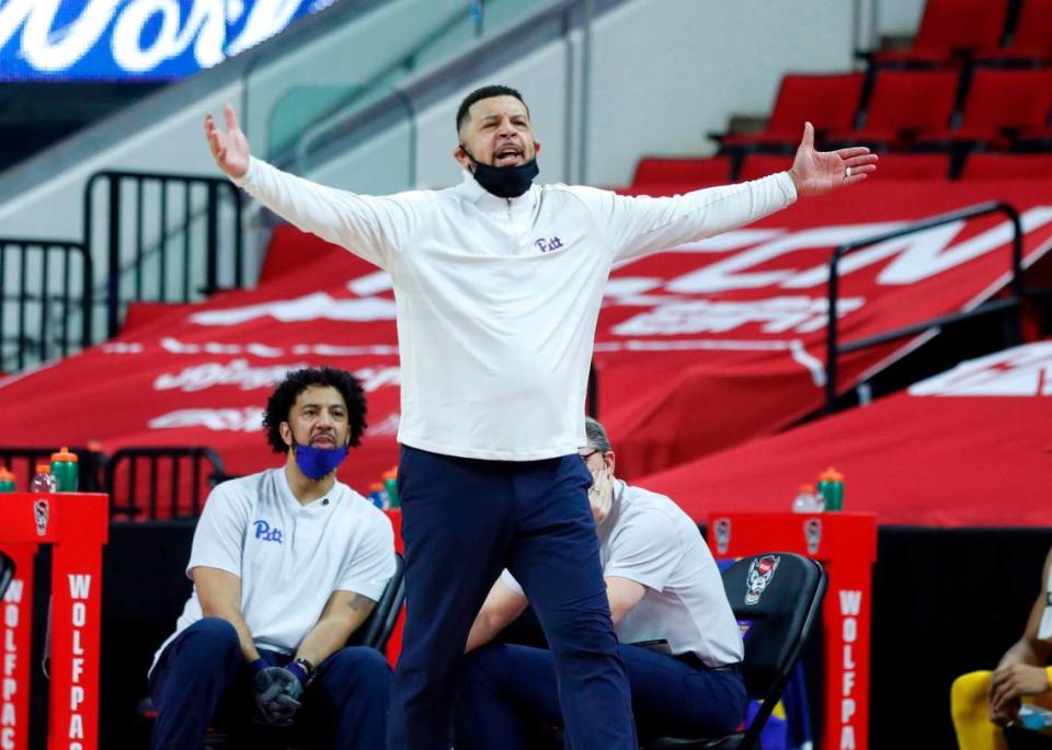 Pittsburgh head coach Jeff Capel yells to the officials during the second half of N.C. State’s 65-62 victory over Pittsburgh at PNC Arena in Raleigh, N.C., Sunday, February 28, 2021.