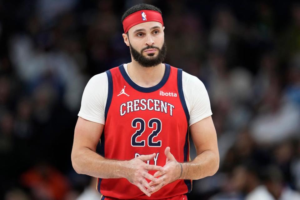 New Orleans Pelicans forward Larry Nance Jr. (22) stands on the court during the second half against the Minnesota Timberwolves on Nov. 8, 2023, in Minneapolis.