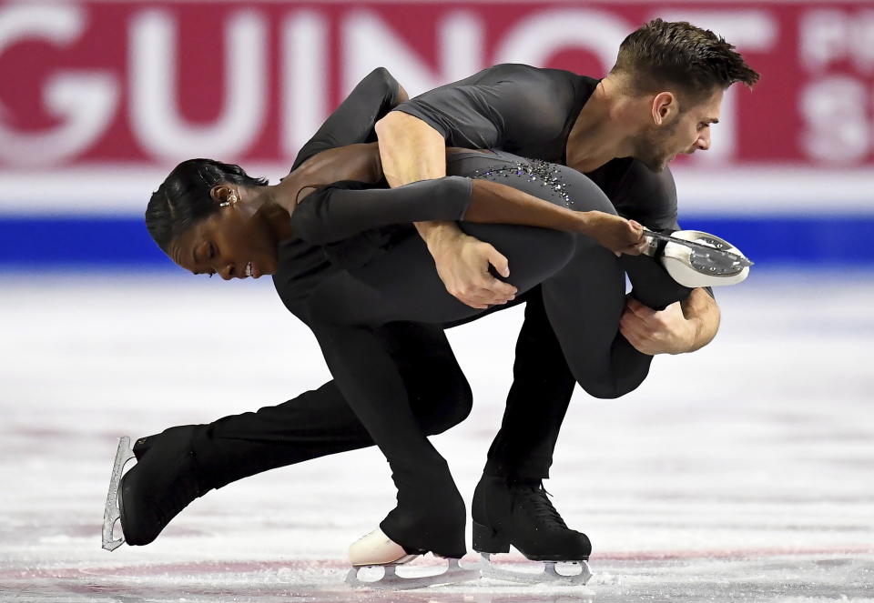 Vanessa James and Morgan Cipres, of France, perform their pairs free skate at figure skating's Grand Prix Final in Vancouver, British Columbia, Saturday, Dec. 8, 2018. (Jonathan Hayward/The Canadian Press via AP)