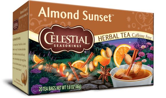 A box of Almond Sunset flavor Celestial Seasonings tea