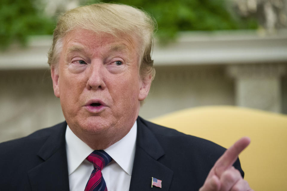 President Donald Trump speaks during a meeting with Slovak Prime Minister Peter Pellegrini in the Oval Office of the White House, Friday, May 3, 2019, in Washington. (AP Photo/Alex Brandon)