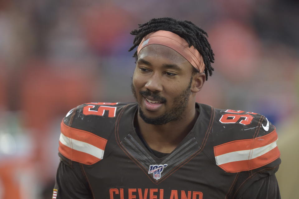 Cleveland Browns defensive end Myles Garrett reacts during an NFL football game against the Buffalo Bills, Sunday, Nov. 10, 2019, in Cleveland. The Browns won 19-16. (AP Photo/David Richard)