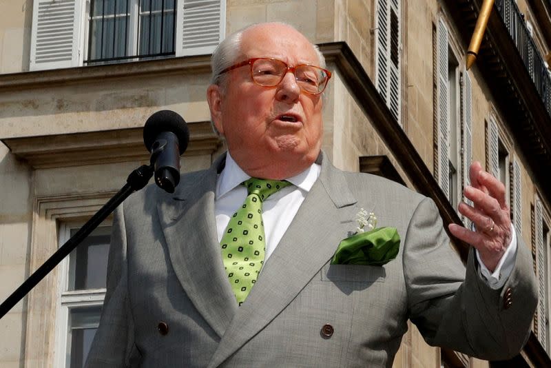 FILE PHOTO: French far-right National Front (FN) founder Jean-Marie Le Pen attends a May Day ceremony in front of the statue of Jeanne d'Arc (Joan of Arc) in Paris