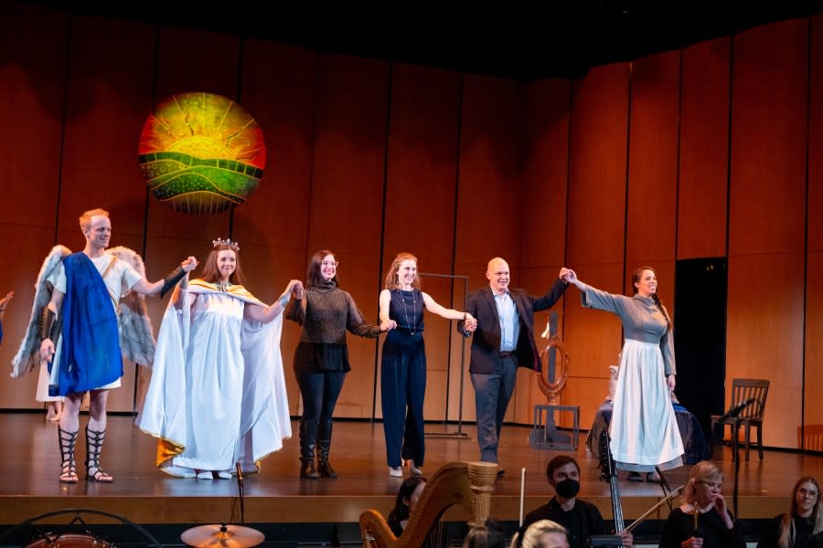 Sullivan and Shafer (left) and composer Jacob Bancks (second from right) during bows for “Karkinos” in February 2022.