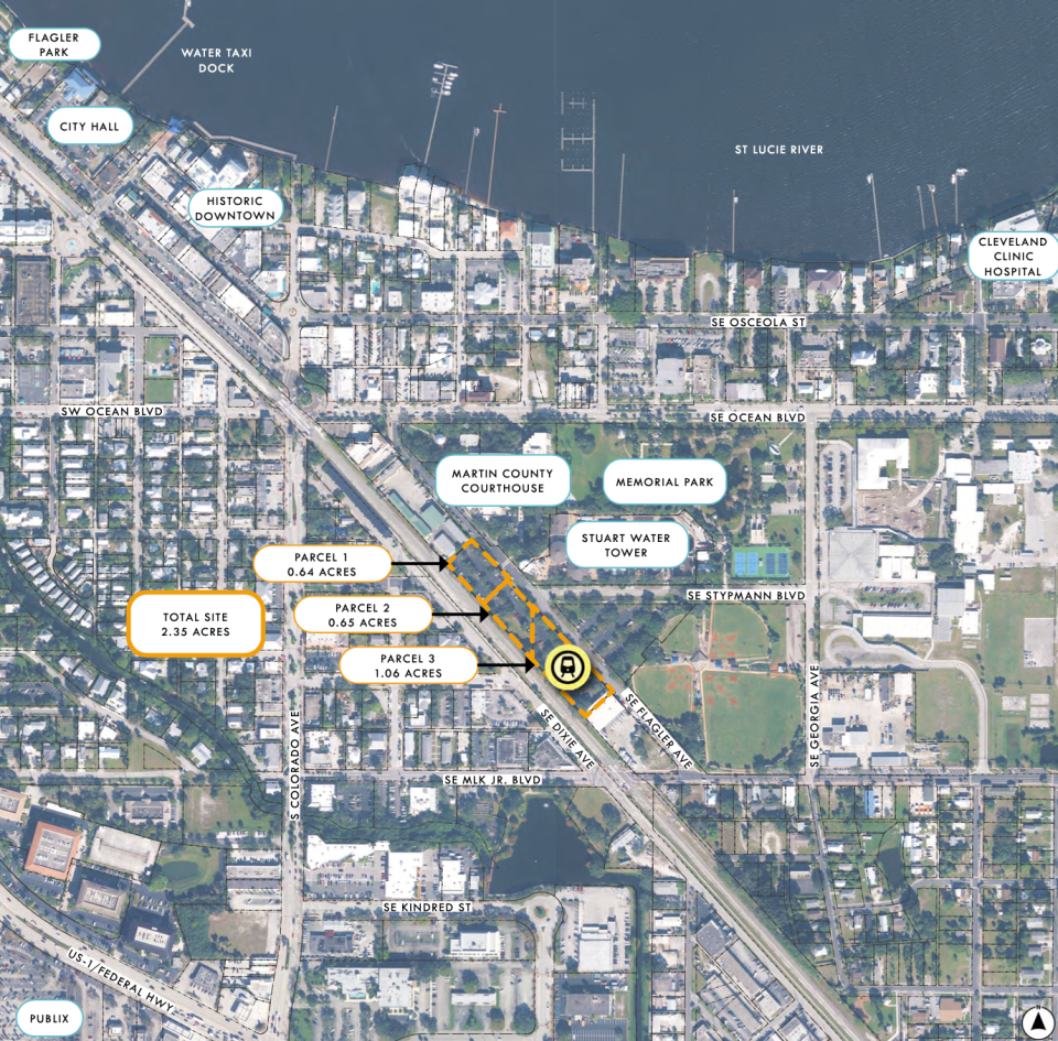 A conceptual rendering of the downtown Brightline-Stuart station on Southeast Flagler Avenue at Southeast Stypmann Boulevard. The Brightline-Stuart station location includes a 2.35-acre parcel along the FEC rail corridor, just south of Southeast Ocean Boulevard. Currently a surface parking lot, the station site will be deeded to the City of Stuart for station leasing, permitting, and development activities.