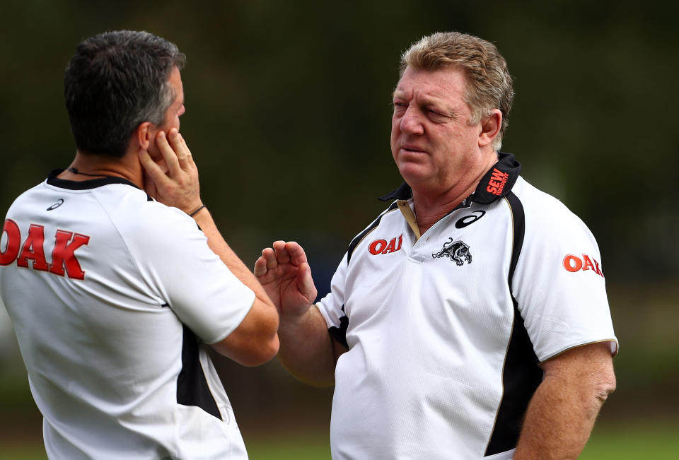 Phil Gould, pictured here talking with Ivan Cleary during a Penrith Panthers training session in 2014.